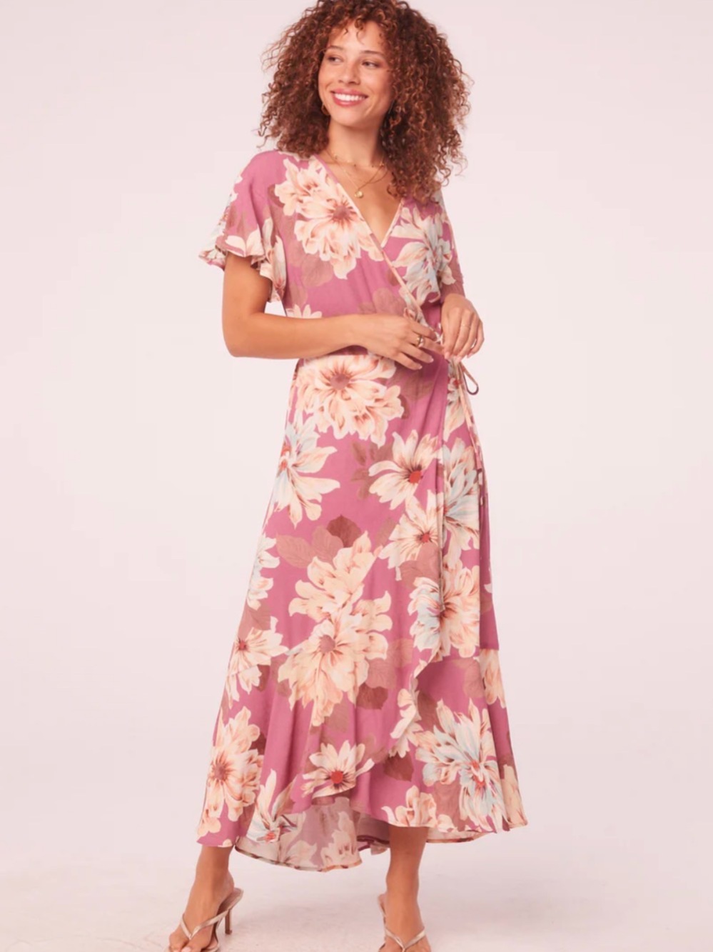 Band of the Free Floral Wrap Dress Midi Maxi Boho Casual V-Neck Pink Size L